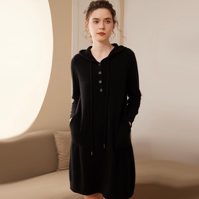 Women's Hooded Cashmere Dress with Pockets - Mid-Length, Loose Fit, Autumn/Winter 2024 Collection