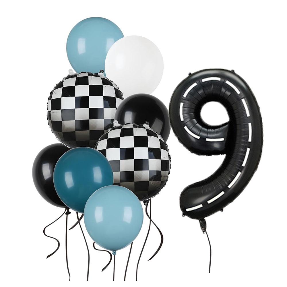 9pcs Race Car Balloons Set Checkered Balloon Blue Black Balloon Boys One Happy 1st 2nd Vintage Two Fast Theme Party Number Decor