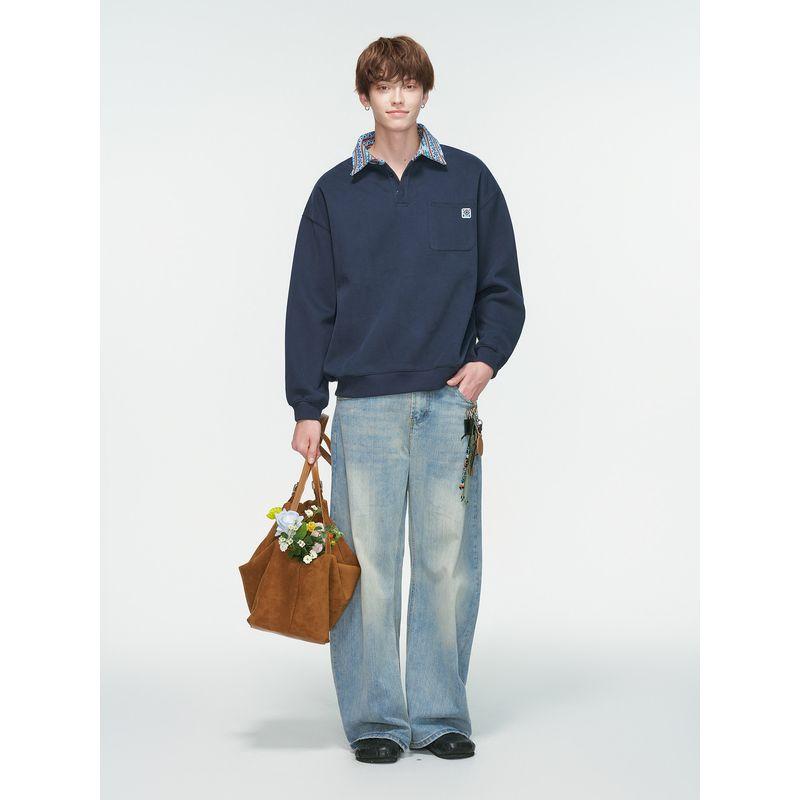 Dream Made American Retro Ethnic Style Jacquard Polo Shirt Sweatshirt Men's Spring and Autum Casual Loose Top