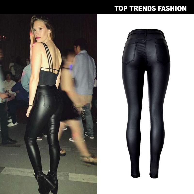 High Waist Slim Fit Stretch Faux Leather Denim Pants With PU Pockets Motorbike Style Plus Size