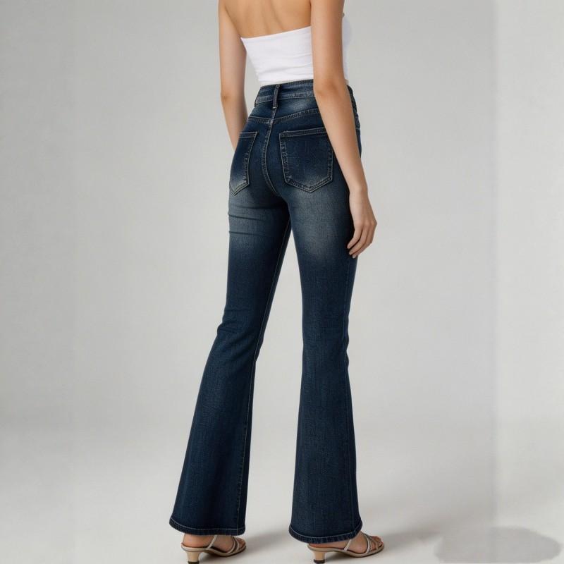Vintage High Waist Flared Jeans Women Washed Denim Slim Fit Long Pants