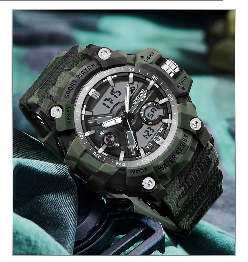Sanda Men's Multifunctional Camouflage Outdoor Sports Watch – Waterproof with Dual Display and Alarm Clock.