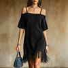 Women's Fashion Suede Off Shoulder Strap Loose Short Sleeve Dress with Fringe Hem Casual Summer Dress