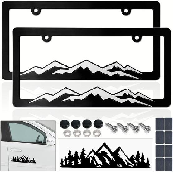 Mountain License Plate Frames- White on Black Mountain Raised, Plastic White