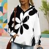 Women Plus Size Black White Floral Printed Long Sleeve Drawstring Hood Kangaroo Pocket Pullover Hoodie