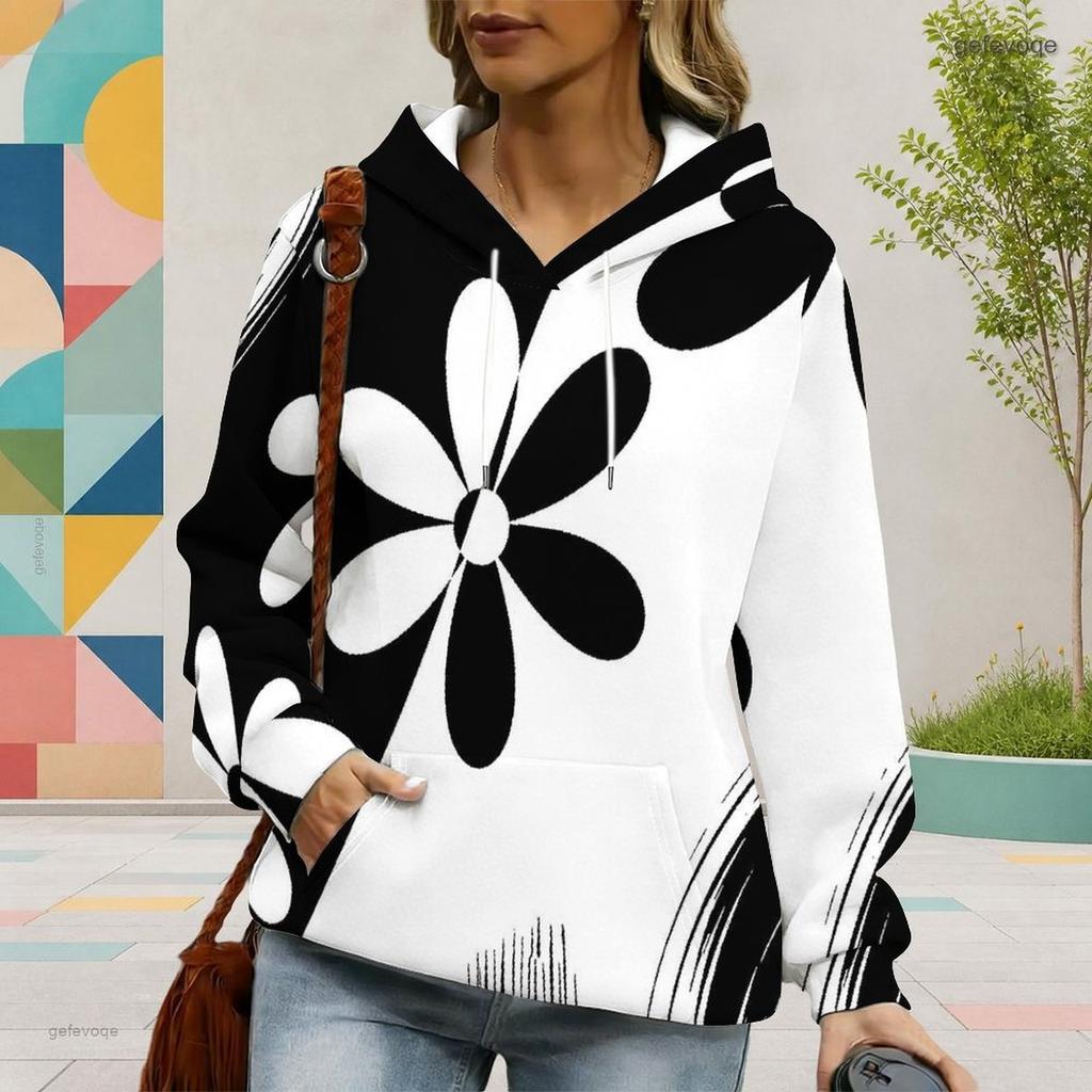 Women Plus Size Black White Floral Printed Long Sleeve Drawstring Hood Kangaroo Pocket Pullover Hoodie