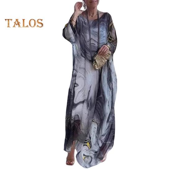 Rochie maxi pentru femei, fluidă, cu gât rotund, mâneci liliac neregulate, cu texturi de marmură, imprimate supradimensionate, până la gleznă, ocazională.