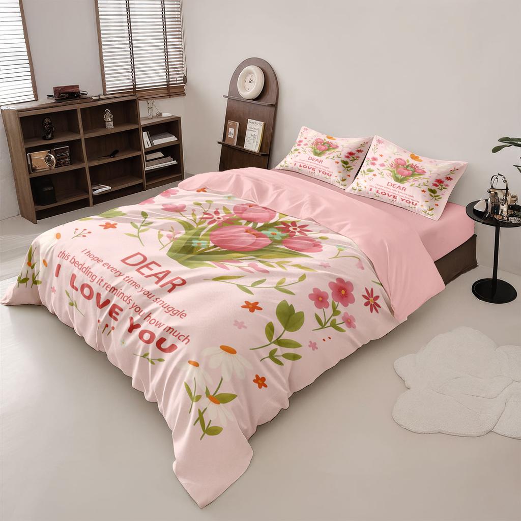 3pc Pink Carnation Floral Print Coreless Duvet Set Multiple SizesSoft Bedroom Living Room Holiday Decoration Machine Washable