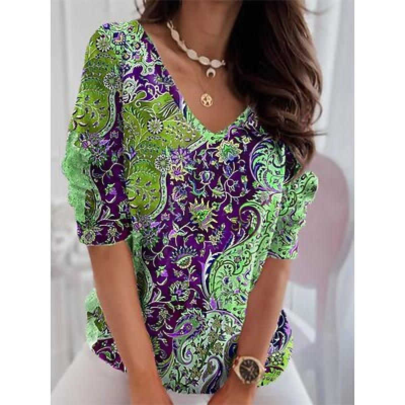 

Жен. Футболка Футболка Графика Повседневные Выходные Красный Синий Лиловый С принтом Длинный рукав Мода V-образный вырез Обычный крой Весна & осень 6XL