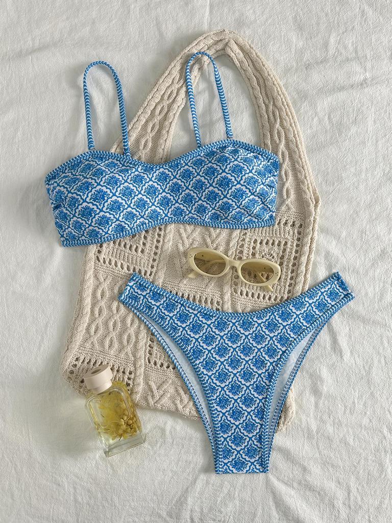 Sexy Bandeau Bikini 2025 Damen Grün Floral Plissee Push Up Gepolstert String Badeanzug Sommer Badebekleidung Zweiteilige Bademode Biquini