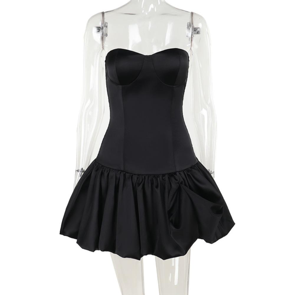 Women's Strapless Sleeveless Mini Dress Slim Fit Mid Waist Solid Color Satin Bubble Ruffle Hem Corset Party Dress
