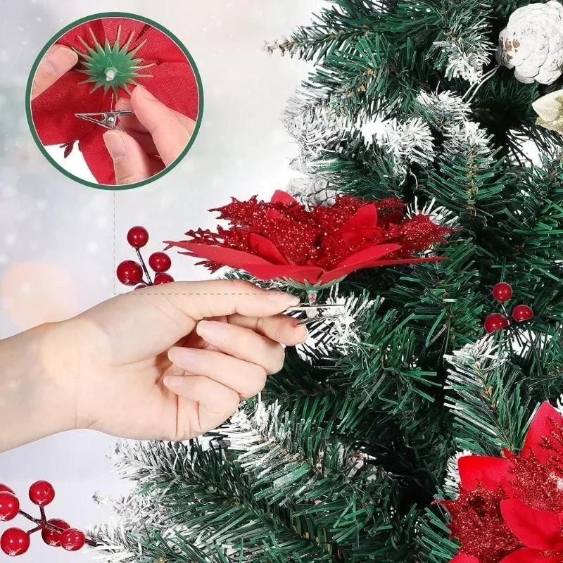 20/5PCS Artificial Glitter Christmas Flowers with Clip Xmas Tree Hanging Ornament Fake Flower New Year Party Home Decor Supplies
