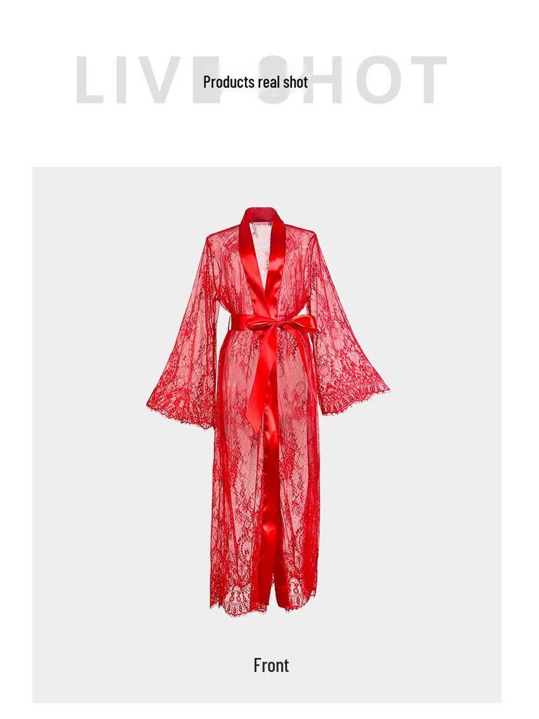 Feiyun Sexy Lace Trim See-Through Nightgown Pajamas Women's Outerwear Home Wear