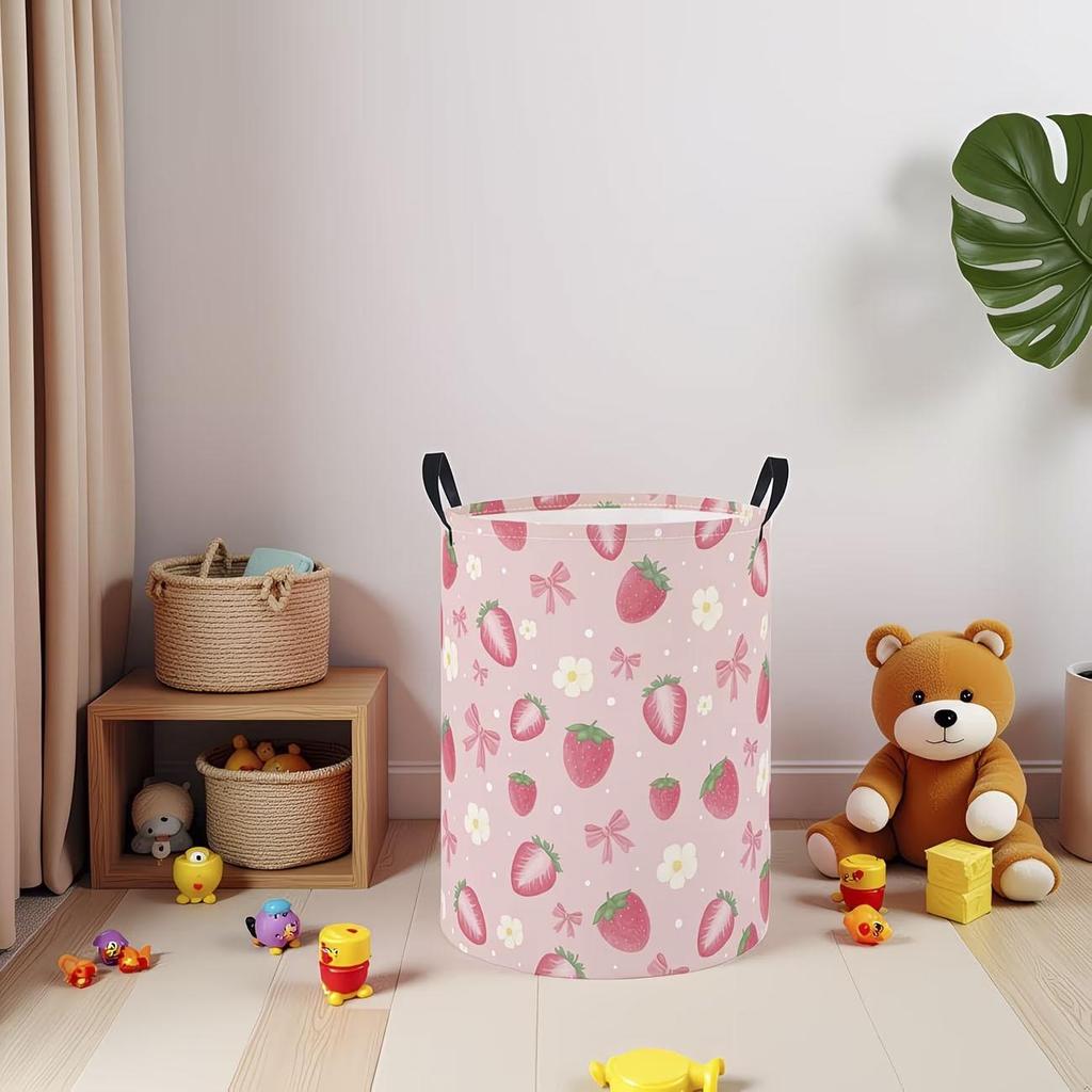 Pink Strawberry Bow Cylinder Laundry Basket - Double Ear Handheld Fabric Toy Storage.
