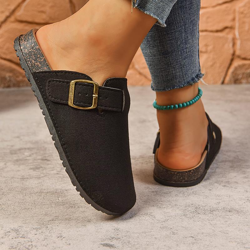 Fashion Buckle Decor Flat Slippers Women 2025 Summer Closed Toe Thick Sole Non Slip Flats Woman Plus Size Light Comfort Casual Slides