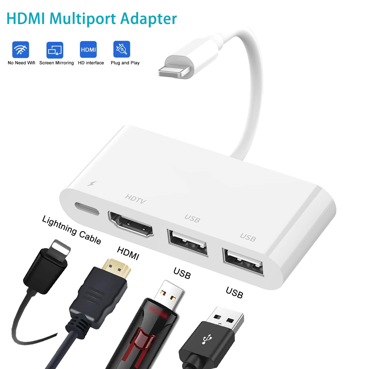 

4 in 1 8Pin to HD+USBx2+8Pin Adapter for iPhone iPad Projector TV Mirroring Keyboard Mouse Camera Connection As Shown A