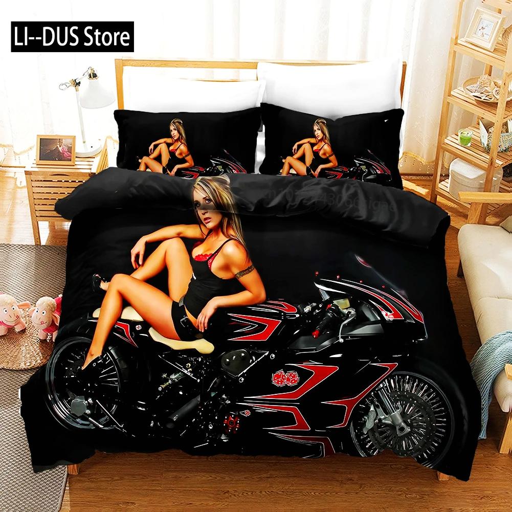 Sexy Girl Motocross Duvet Cover Extreme Sports Theme Bedding Set for Boys Teens Man Microfiber 3D Beauty Queen King Quilt Cover