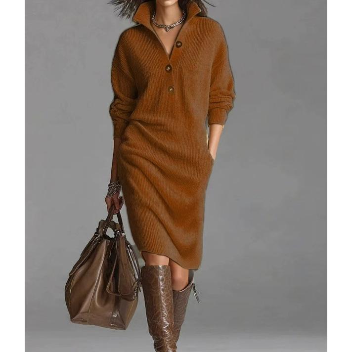 Autumn Casual Button Loose Straight Knitting Mid-Length Sweater Dresses Women's Fashion Lapel Long Sleeve Pocket Party Dress