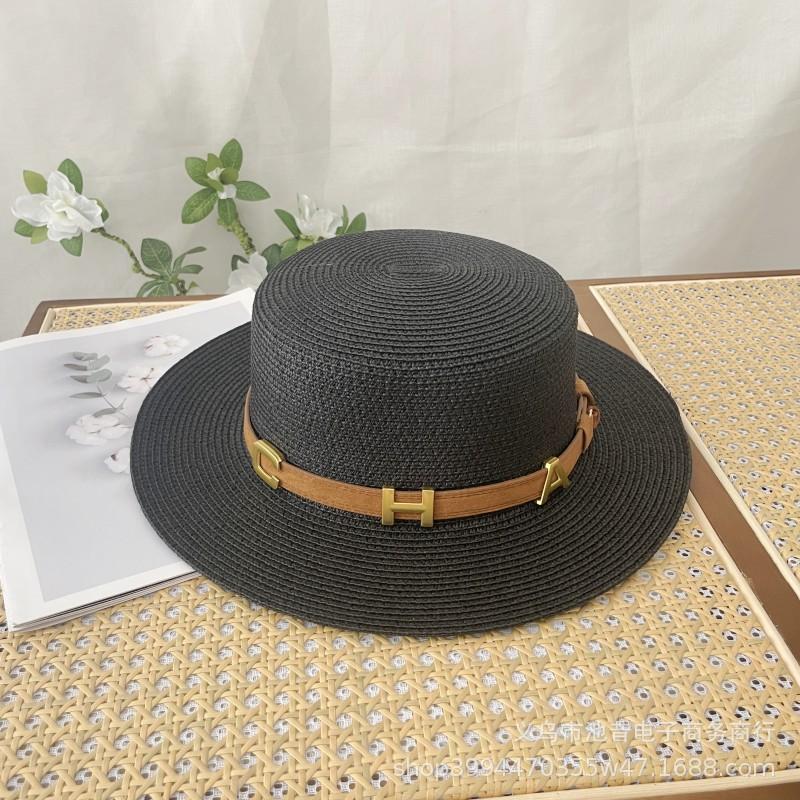 French retro flat top straw hat letter belt summer women's fashion British Hepburn vacation beach sun hat men