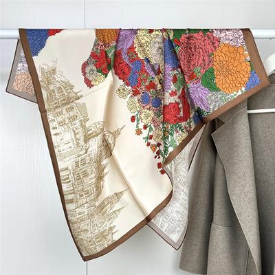 88*88 cm 100% Maulbeerseide Retro Blumengarten Ölgemälde Muster Quadratischer Schal Dünner Sonnencreme Strandtuch Schal Halstuch