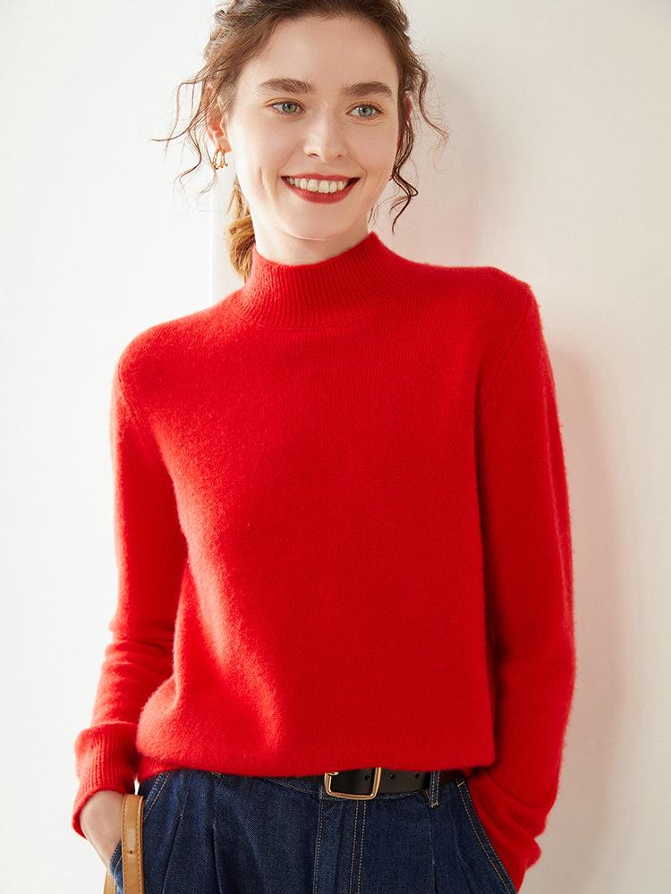 Gray Women's Cashmere Semi-High Neck Sweater - Thickened Wool Knit for Autumn and Winter