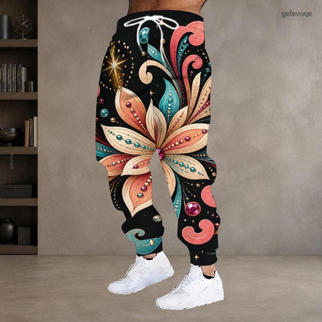 Men Plus Size Floral Printed Drawstring Waist Side Pockets Jogger Pants Cuffed Ankle Trousers
