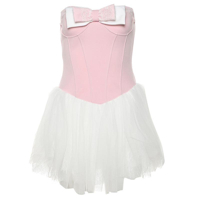 Women's Fashion Sexy Spice Girls with Chest Contrast Color Bow Waist Dress
