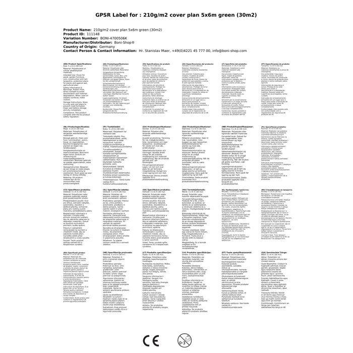 210g/m² Bâche 5x6m verte (30m²)