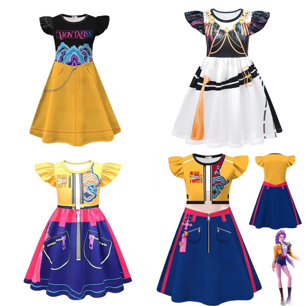 Kpop Demon Hunters Rumi Mira Zoey Girl Cosplay Dress For Kids With Flared Sleeves And Cartoon Pattern For Summer Play
