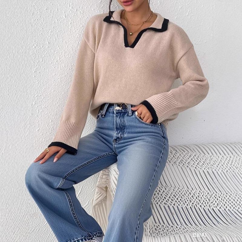 

Женские топы Женский повседневный поло воротник с лацканами Контрастная вставка Разъем Повседневный Свободный Элегантный Свитер S хаки