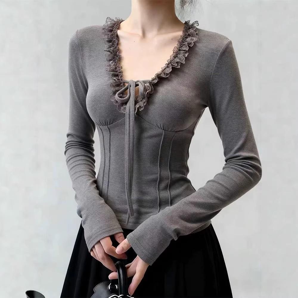 Women's Chic Lace-Up V-Neck Long-Sleeve Slim Fit Fleece Top
