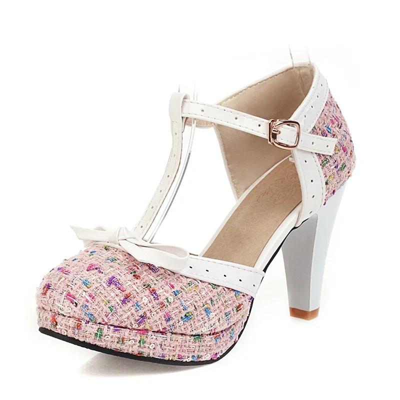 Fashion Fashion Spike Heel Women Pumps T-strap Round Toe Platform Shoes Female Buckle Strap Bowknot Party Pumps For Girlfriends