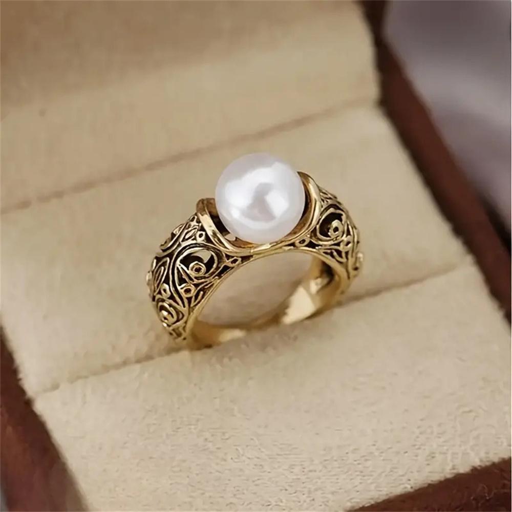 

Модное кольцо с имитацией белого жемчуга, винтажное, золотистого цвета, с полым цветочным узором, кольца для женщин, свадебные украшения для помолвки 7