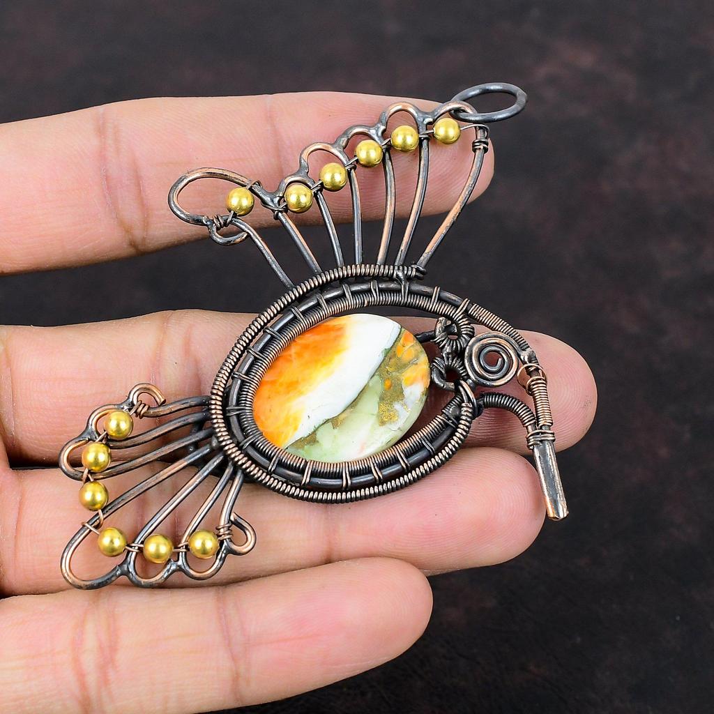 Spiny Oyster Copper Turquoise Pendant Copper Wire Wrapped Gemstone Pendant Handmade Boho Jewelry Bird Pendant Wire Wrap Jewelry Gift For Her