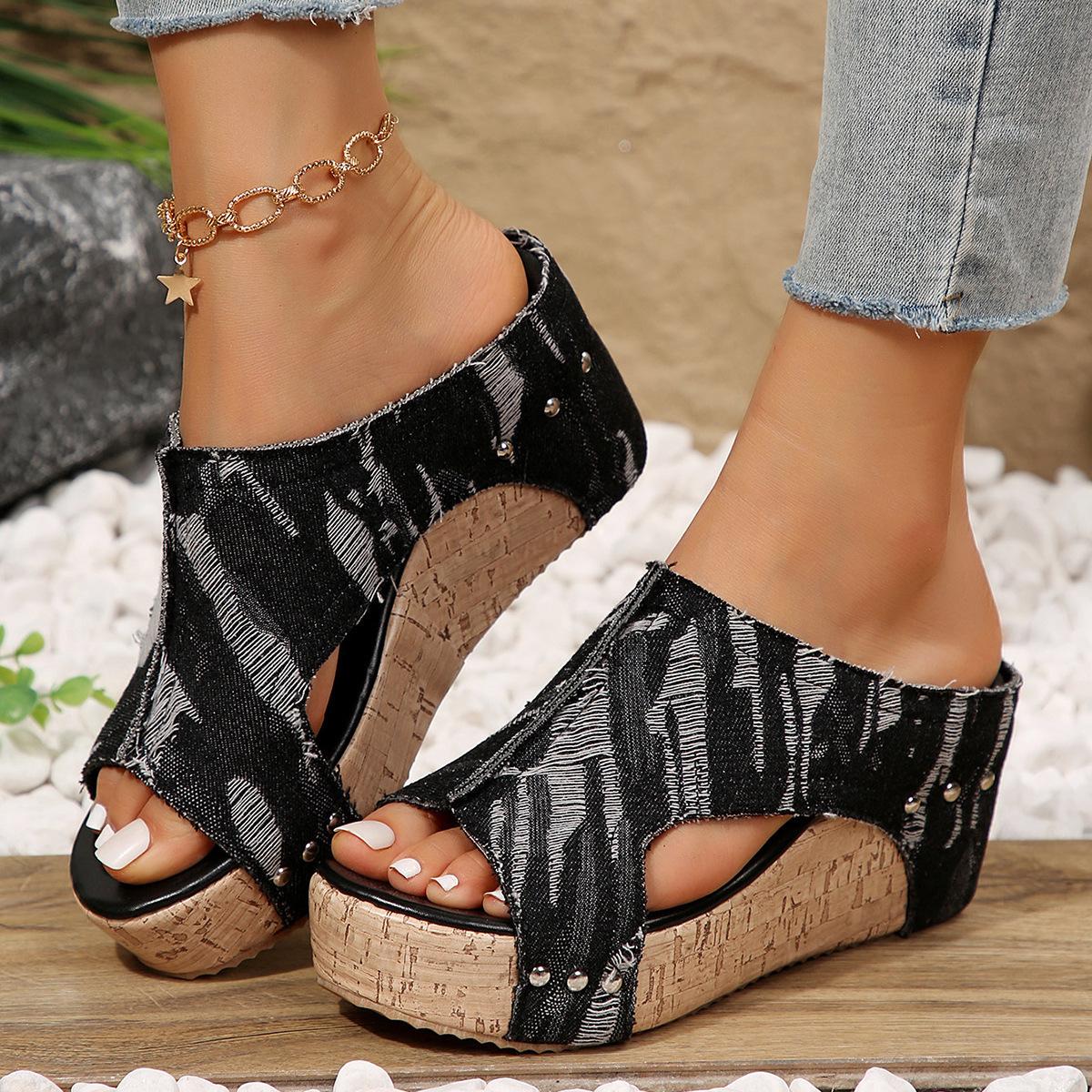

Fashion Women s Wedges Platform Sandals Thick Slope Back Lift Strap Denim Shoes Summer Fashion High Heels Sandals 2025 36