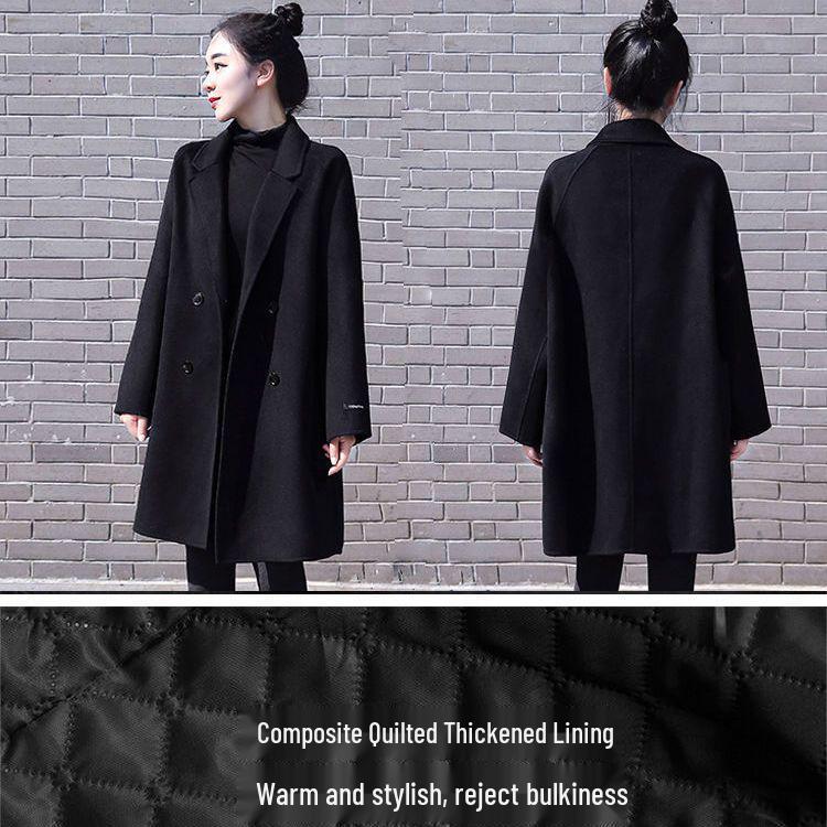 Women s Plus Size Black Hepburn Style Wool Coat, Mid-Length, Slimming, Autumn/Winter 2025 M (Approx. 42-50kg)