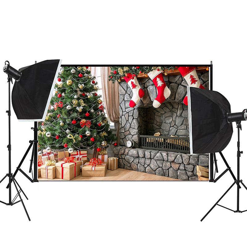Christmas Photography Backdrop Vinyl Winter Snow Tree Fireplace Photo Background for Holiday Party Studio Kids Portrait Decoration