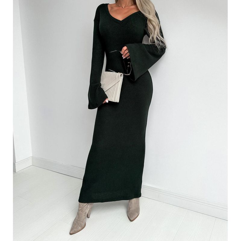 

European and American Autumn and Winter New Knitted V-neck Long sleeve Temperament Jumpsuit Long dress Women Black 2XL
