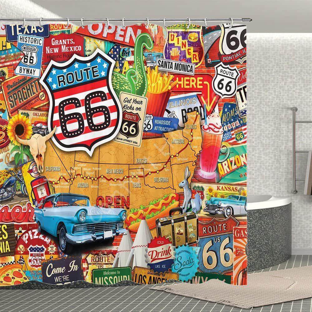 Polyester Fabric Waterproof Shower Curtain Set with 12 Plastic Hooks Home Decorative Bath Curtains US Route 66 Sign 72x78 Inches