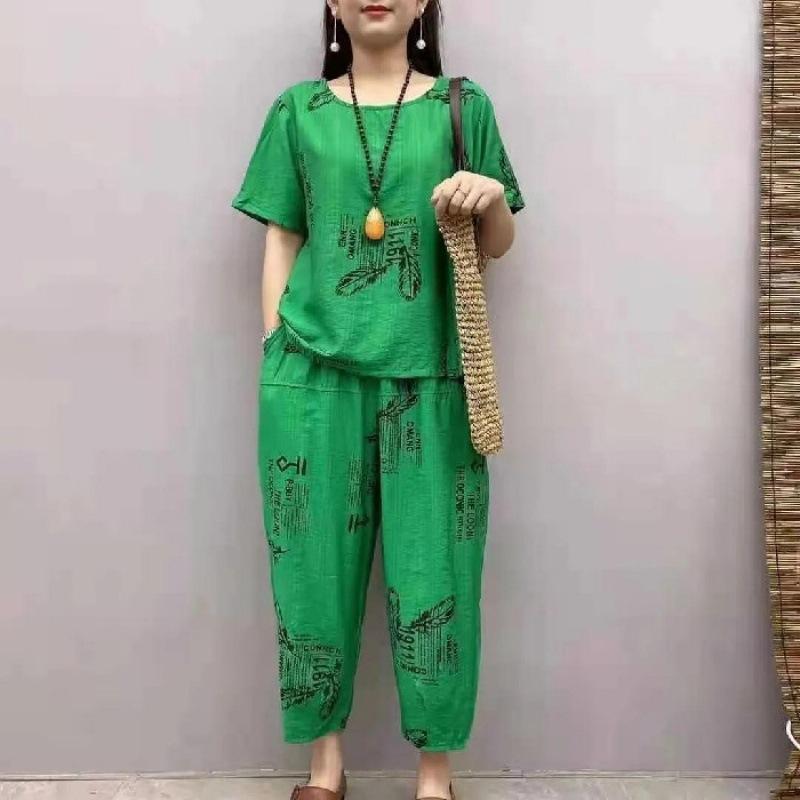 Popular Summer Hemp Short-sleeved Mother's Clothing for Middle-aged and Elderly People, Large Size, Casual, Western Style, Loose Two-piece Trendy Suit