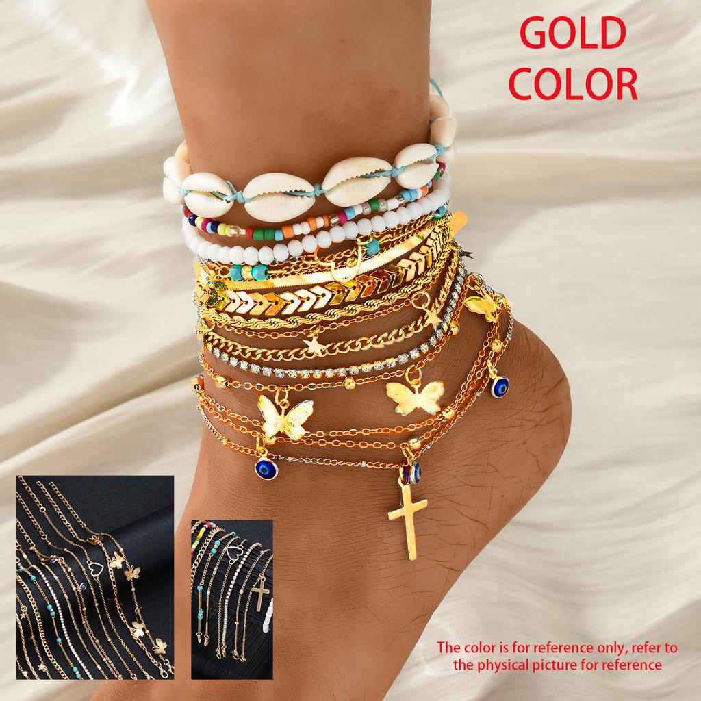 Fashion Chic Multi-Design Anklet Set For Women Elegant Vintage Evil Eye Cross Heart Charm Colorful Bead Anklets Beach Jewelry
