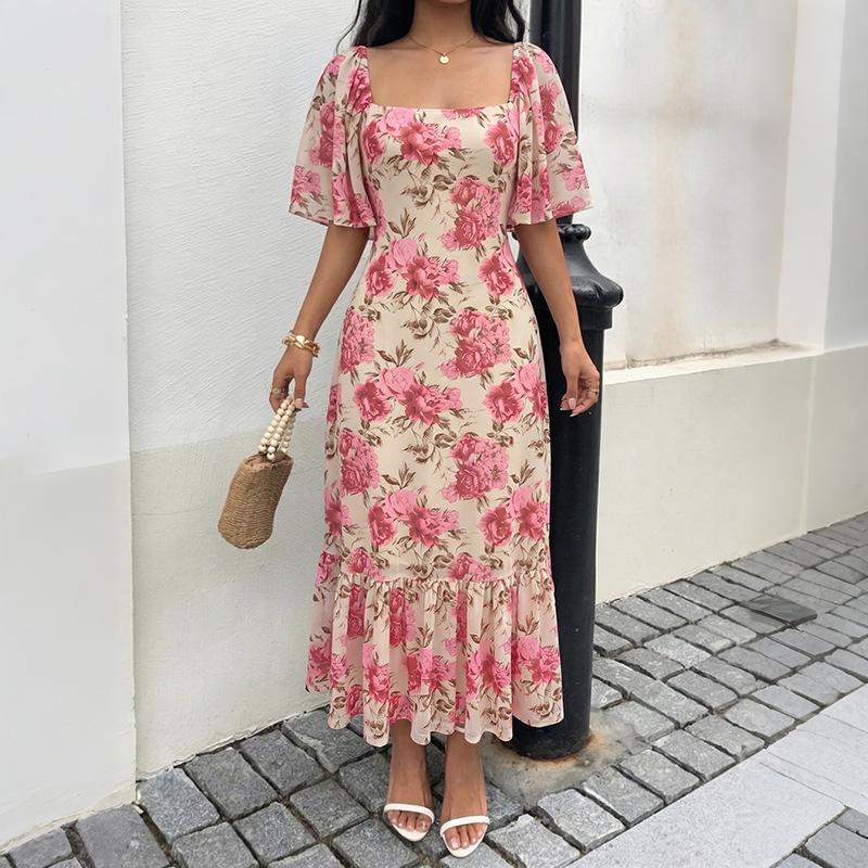 Women s Pink Floral Print Short Square Neck Ruffle Sleeve Midi-Maxi Dress, Tie Back Ruffle Hem Summer Casual Dress S