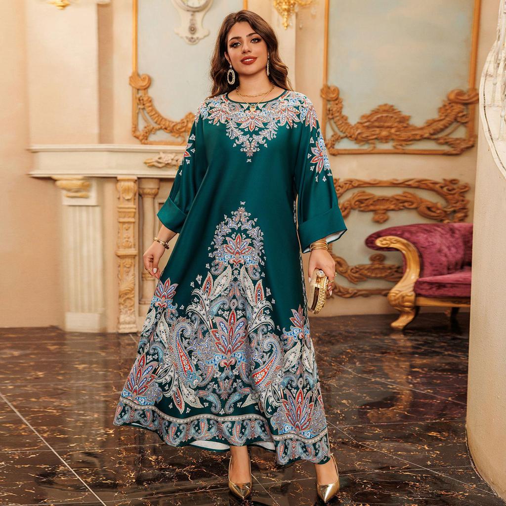 AB400 Muslim Fashion Floral Dress with Hot Drill Embellishments - Middle Eastern Style Robe for Women