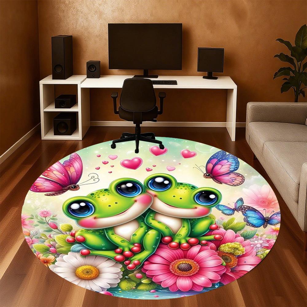 1PC Frogs Butterflies Flowers Round Chair Mat Area Rug - Non-Slip, Floor Mat for Office, Bedroom, Home Decor Christmas Gift C0528017