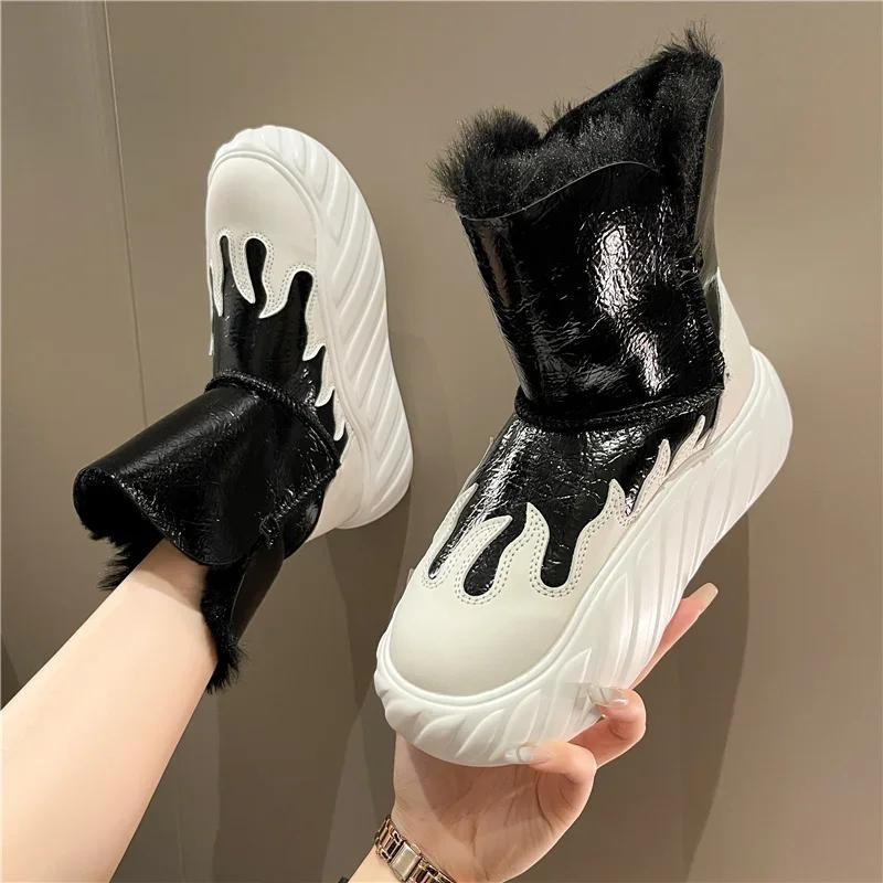Fashion Snow Boots Women Winter Warm Spliced Platform Ankle Boots Fashion Non-slip Round Toe Plush Thickening Slip On Cotton Shoes