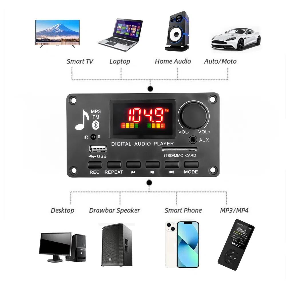 2x40W Amplifier 5V-26V MP3 Player Bluetooth 5.0 Decoder Board Car FM Radio Module Support TF USB AUX 3.5 WAV Call Recording