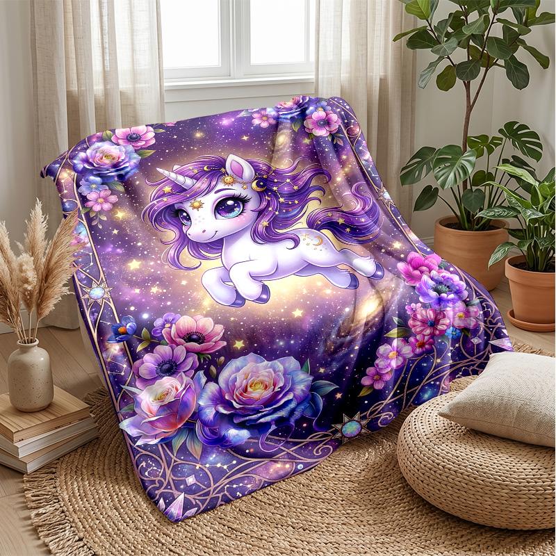 Starry Unicorn Wonder Theme Blanket Lightweight Warm Flannel Blanket Decorative Throw Blanket for Home Decoration