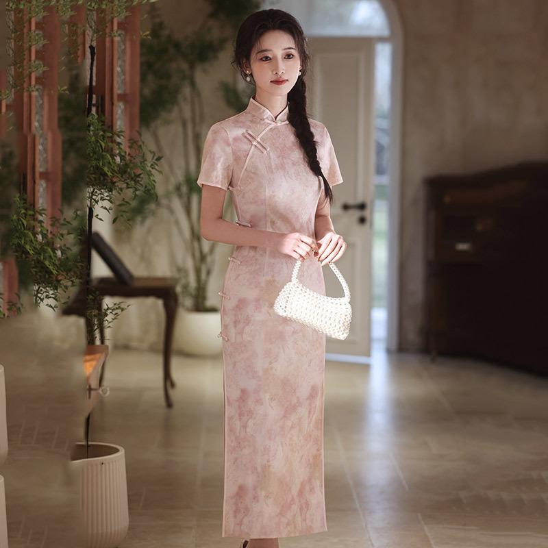 Pink national style new Chinese Suzhou long cheongsam improved young women's high-end waist can be worn daily in summer
