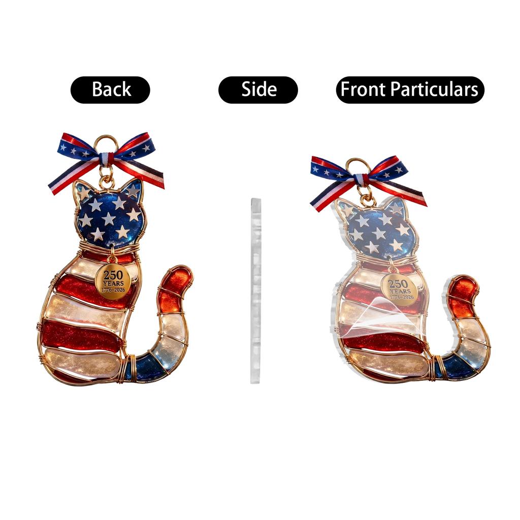 Wire Cat Shaped Ornament with Patriotic Themed Print and 250 Years 1776–2026 Medallion for Indoor Outdoor Decoration
