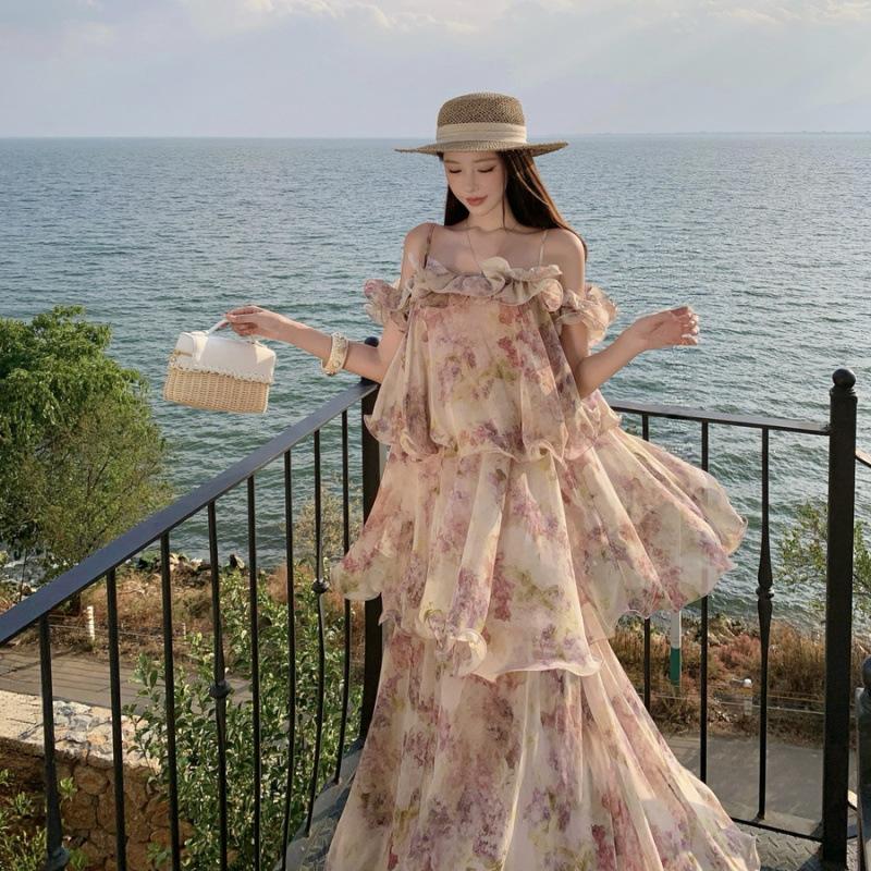 Purple smoke dill French vacation fish thread cake skirt floral chiffon suspender dress S